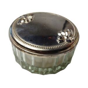 Vintage Vanity Glass Powder Box Powder Puff with Silver Plated Lid